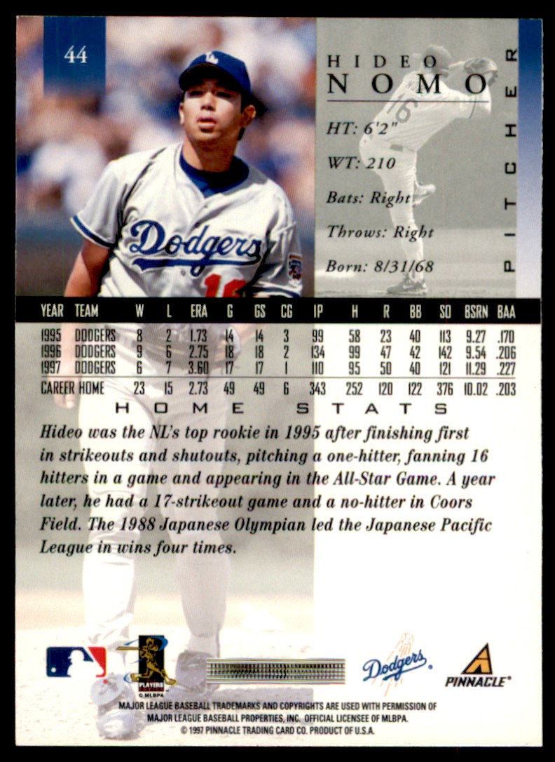 1998 Pinnacle #44 Hideo Nomo - Los Angeles Dodgers | eBay