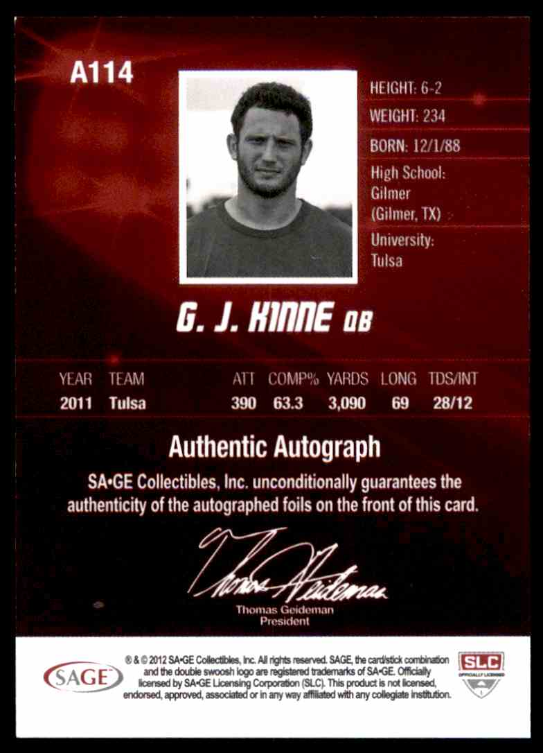 2012 Sage Hit Autographs Football Cards G.J. Kinne #A114 card back image