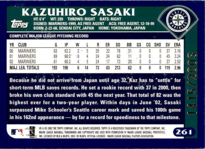 2003 Topps Gold Kazuhiro Sasaki #261 card back image