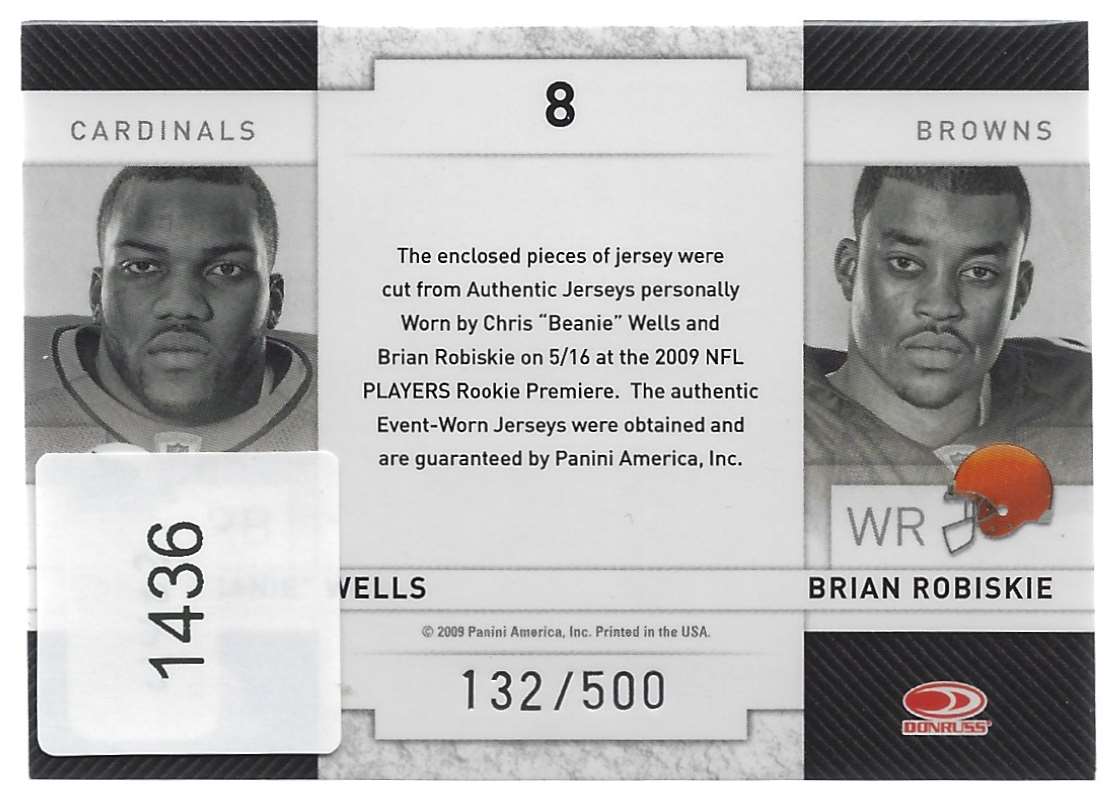 2009 Donruss Threads Rookie Collection Materials Combo Chris Wells/Brian Robiskie #8 card back image