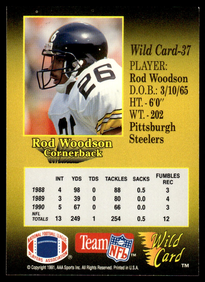 1991 Wild Card Rod Woodson #37 card back image
