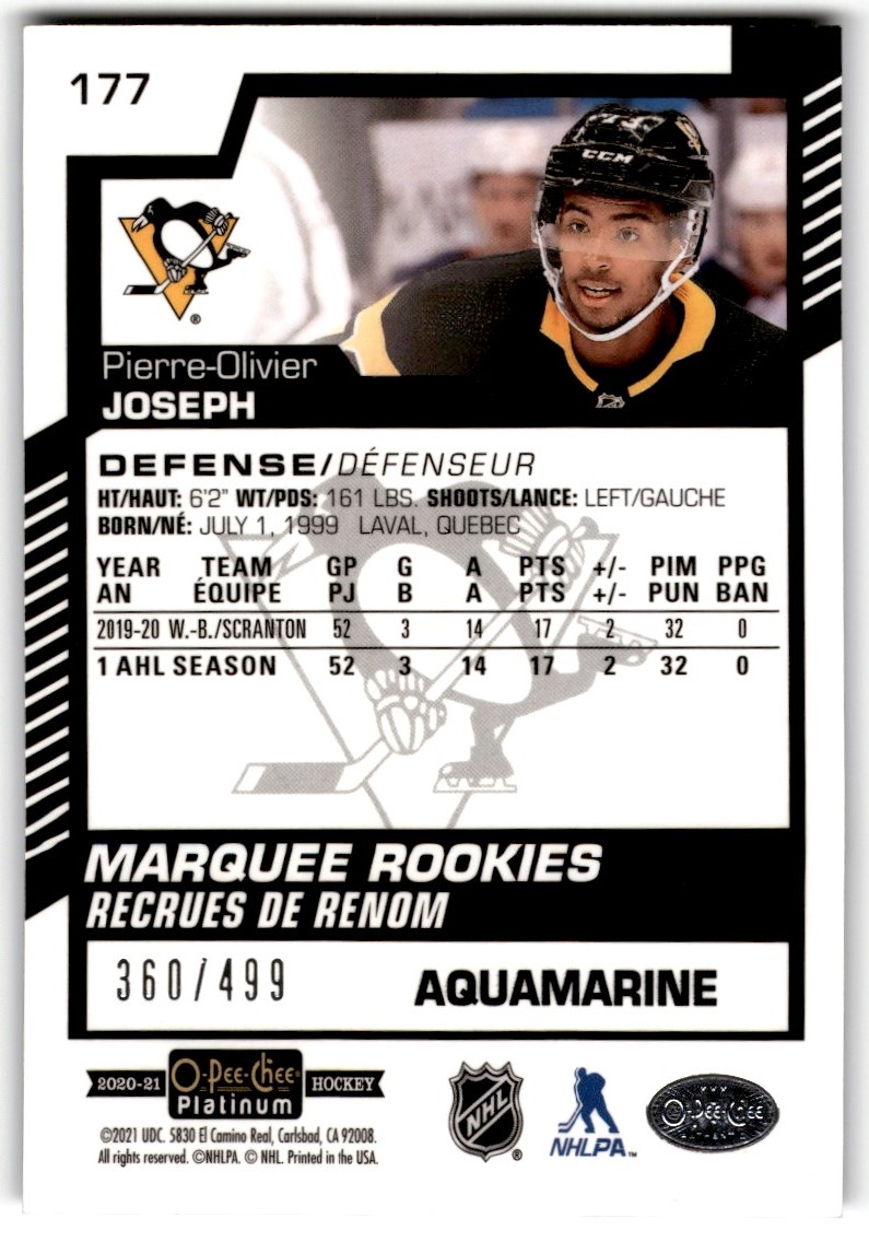 2020-21 O-Pee-Chee Platinum Aquamarine Pierre-Olivier Joseph #177 card back image