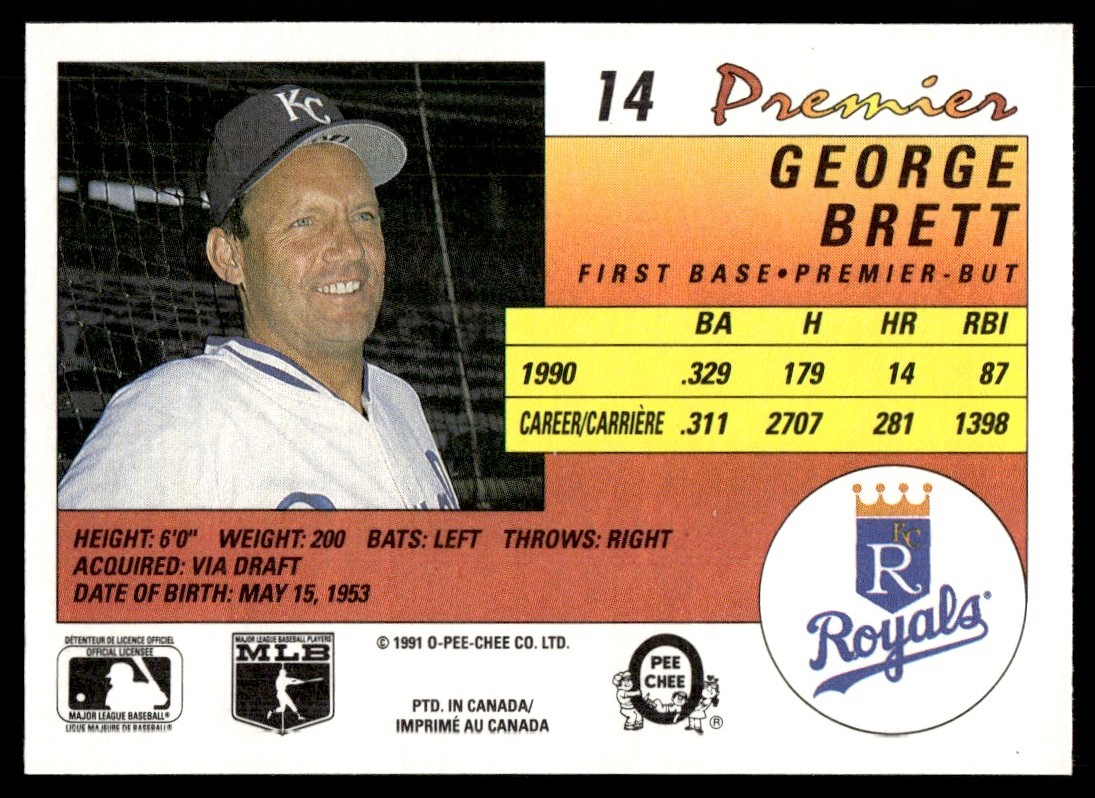 1991 O-Pee-Chee Premier George Brett #14 card back image
