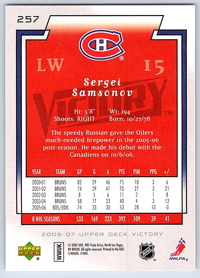 2006-07 Upper Deck Victory Sergei Samsonov #257 card back image