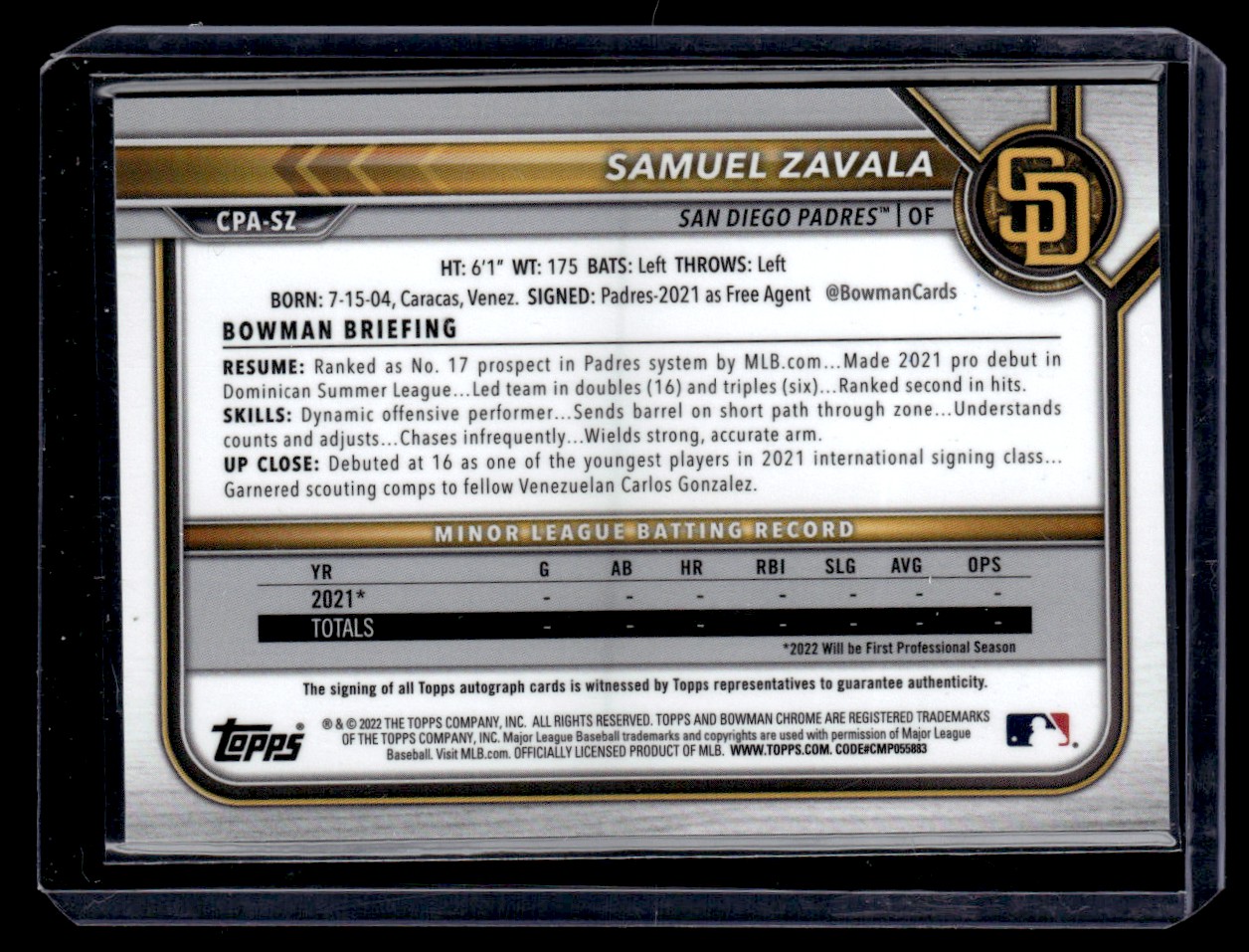 2022 Bowman Chrome Atomic Samuel Zavala #CPA-SZ card back image