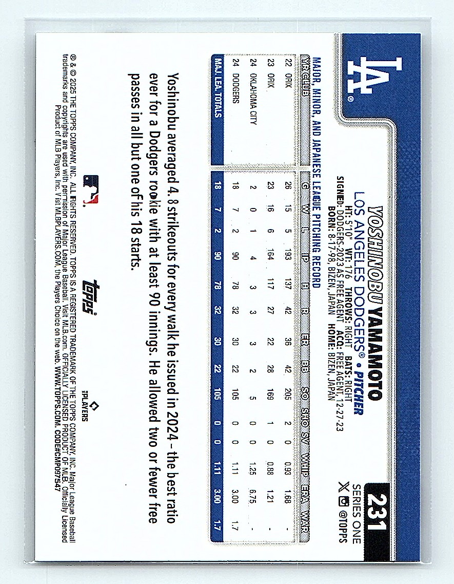 2025 Topps Yoshinobu Yamamoto #231 card back image