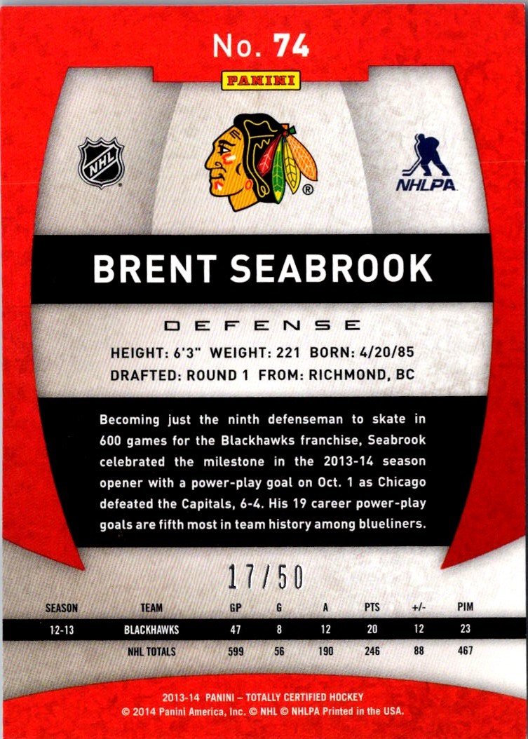 2013-14 Panini Totally Certified Platinum Blue Brent Seabrook #74 card back image
