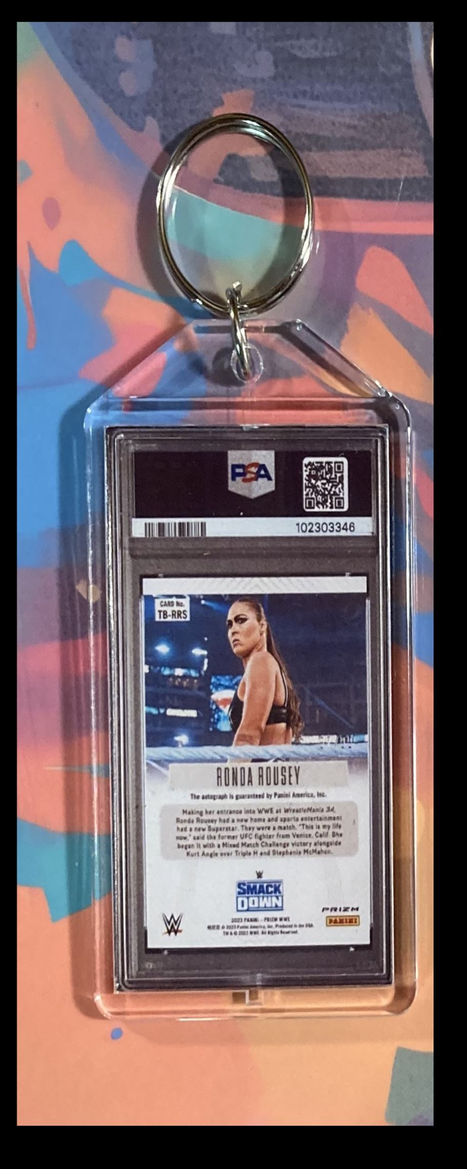 2025 -MME- 0164-0273 Ronda Rousey 2023 Panini Red Prizm Throwback Auto PSA Style Custom Keychain #0164 card back image