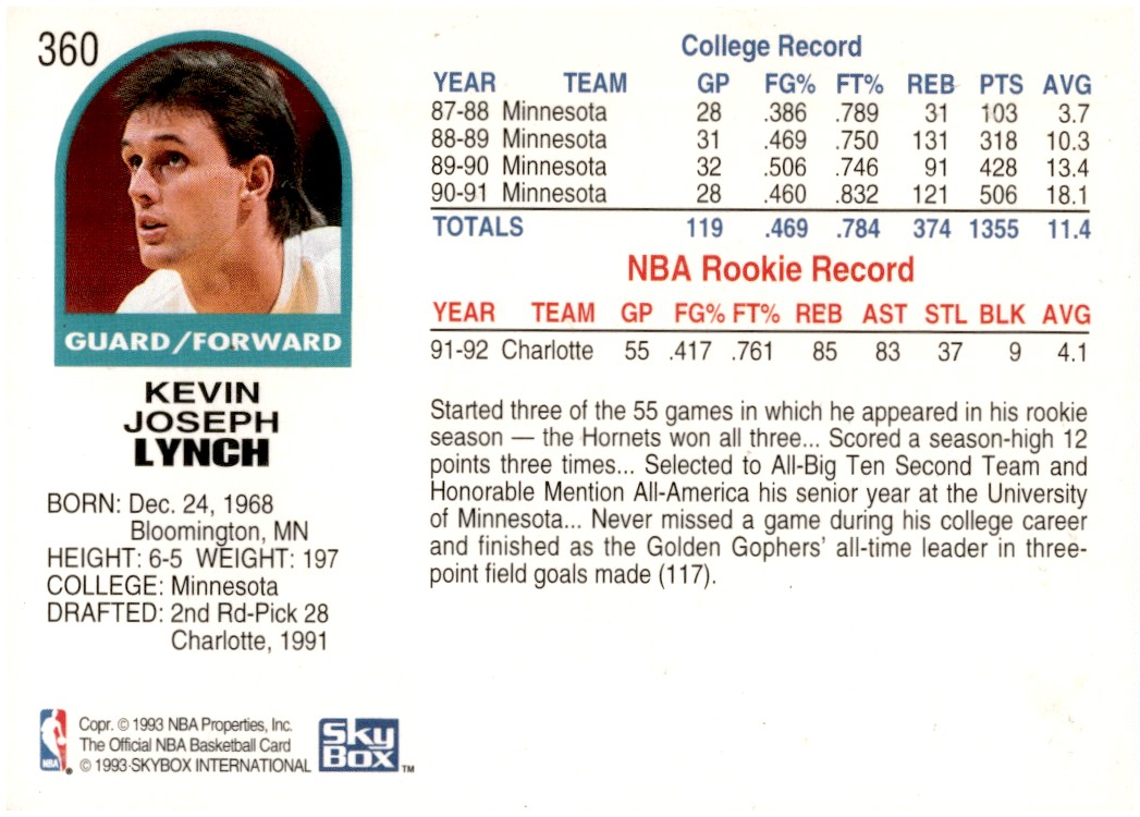 小中学生ボード！HORNET 130cm バインセット 1992-93 Hoops Kevin Lynch Charlotte Hornets #360 Basketball Card