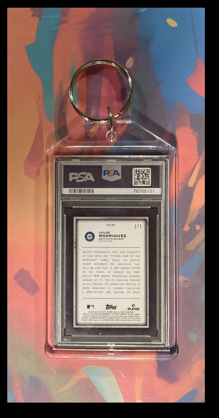 2025 -MME- 0100-0196 Julio Rodriguez 2022 Topps Transcendent Coll SuperFractor PSA Keychain #0100 card back image