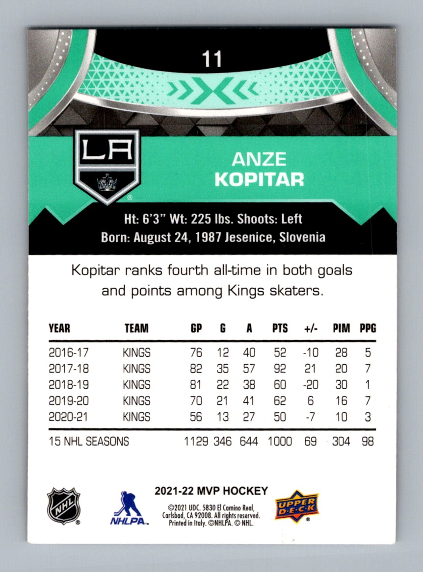 2021-22 Upper Deck Anze Kopitar #11 card back image