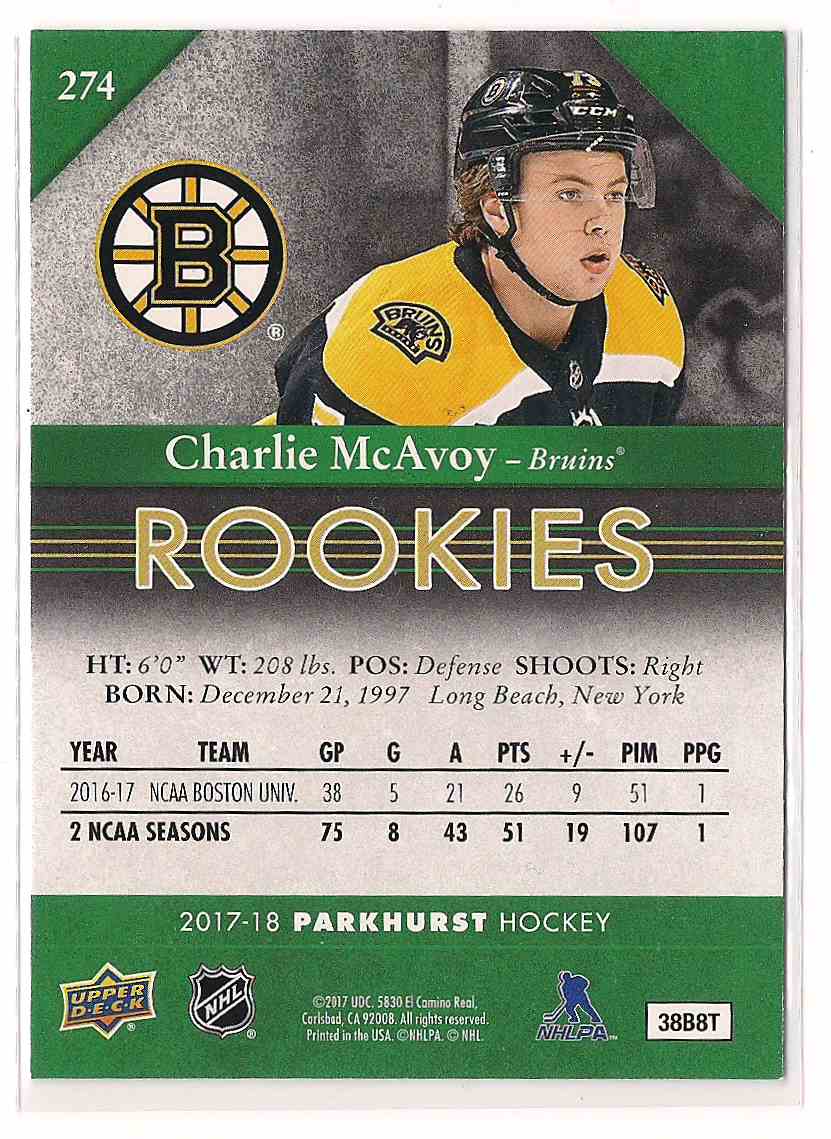 2017-18 Parkhurst Rookies Charlie McAvoy #274 card back image