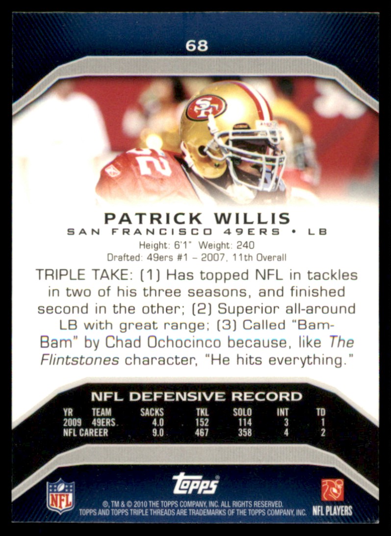 2010 Topps Triple Threads Patrick Willis #68 card back image