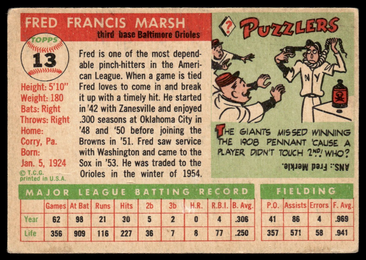 1955 Topps Fred Marsh #13 card back image