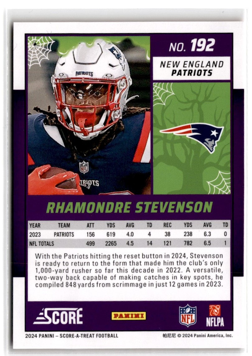 2024 Score-a-Treat Orange Pumpkin Rhamondre Stevenson #192 card back image