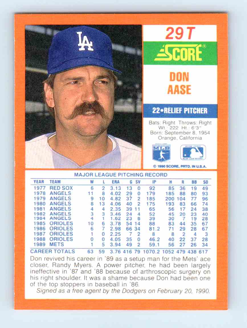 1990 Score Rookie Traded Don Aase #29T card back image