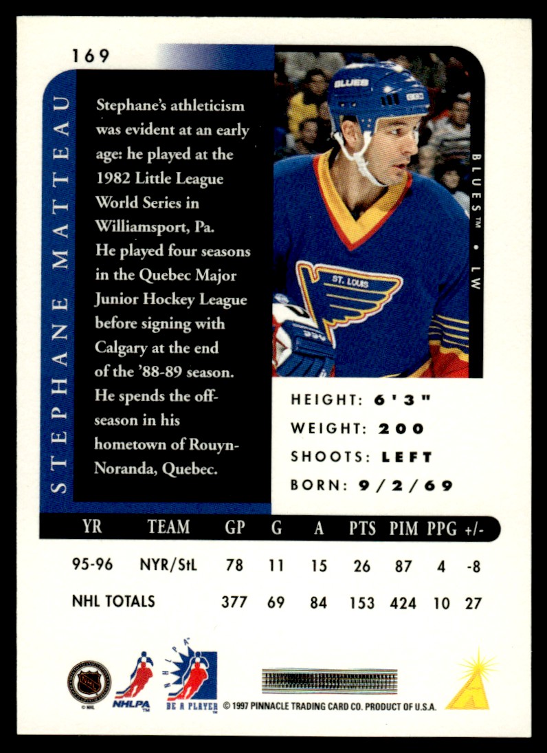1996-97 Pinnacle Be a Player Autographs Stephane Matteau #169 card back image