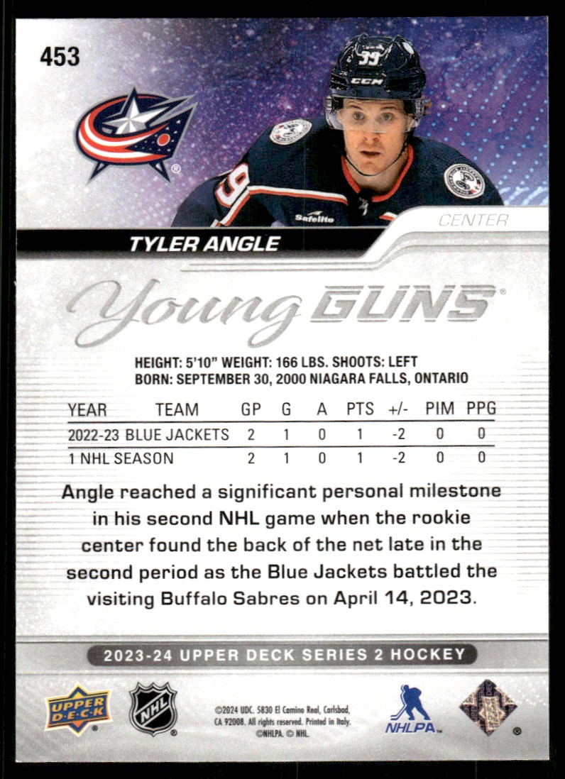 2023-24 Upper Deck YG Tyler Angle #453 card back image