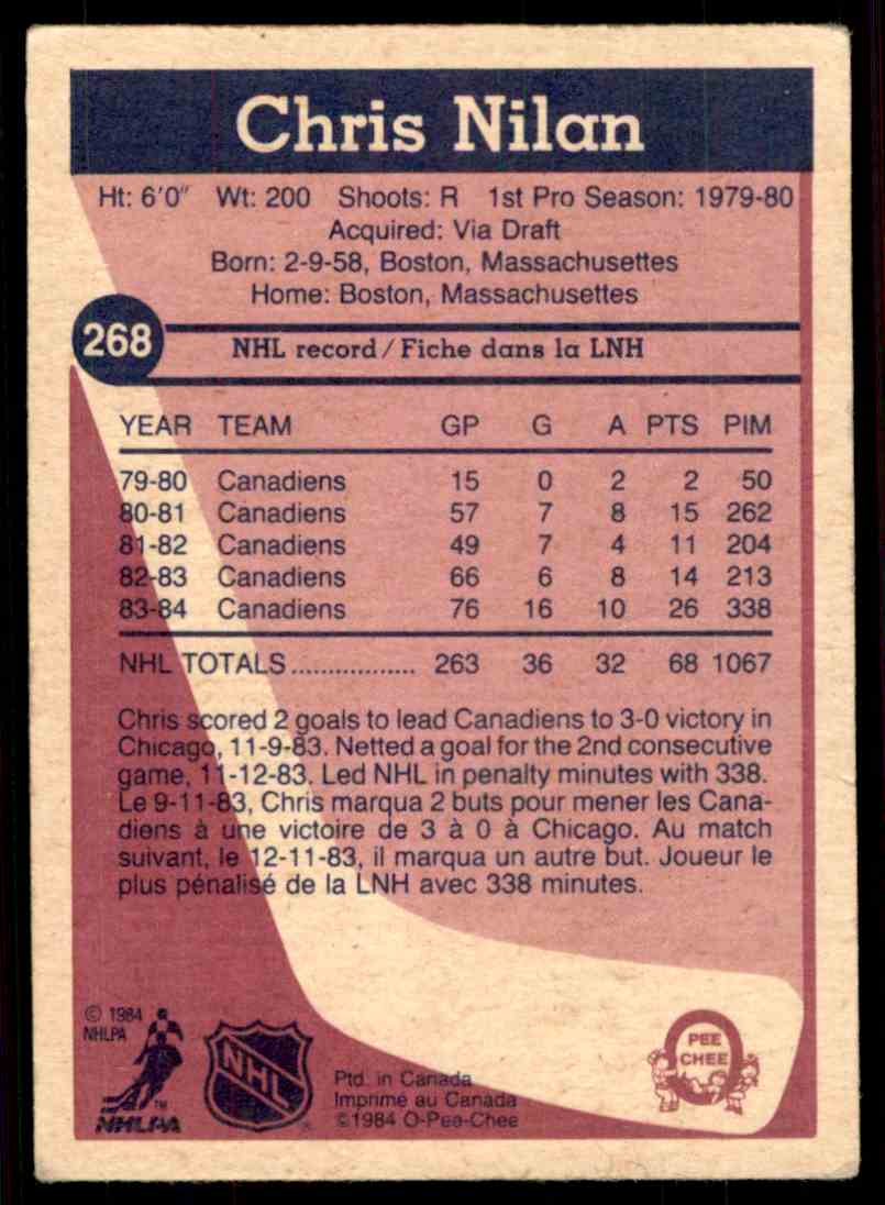 1984-85 O-Pee-Chee Chris Nilan #268 card back image