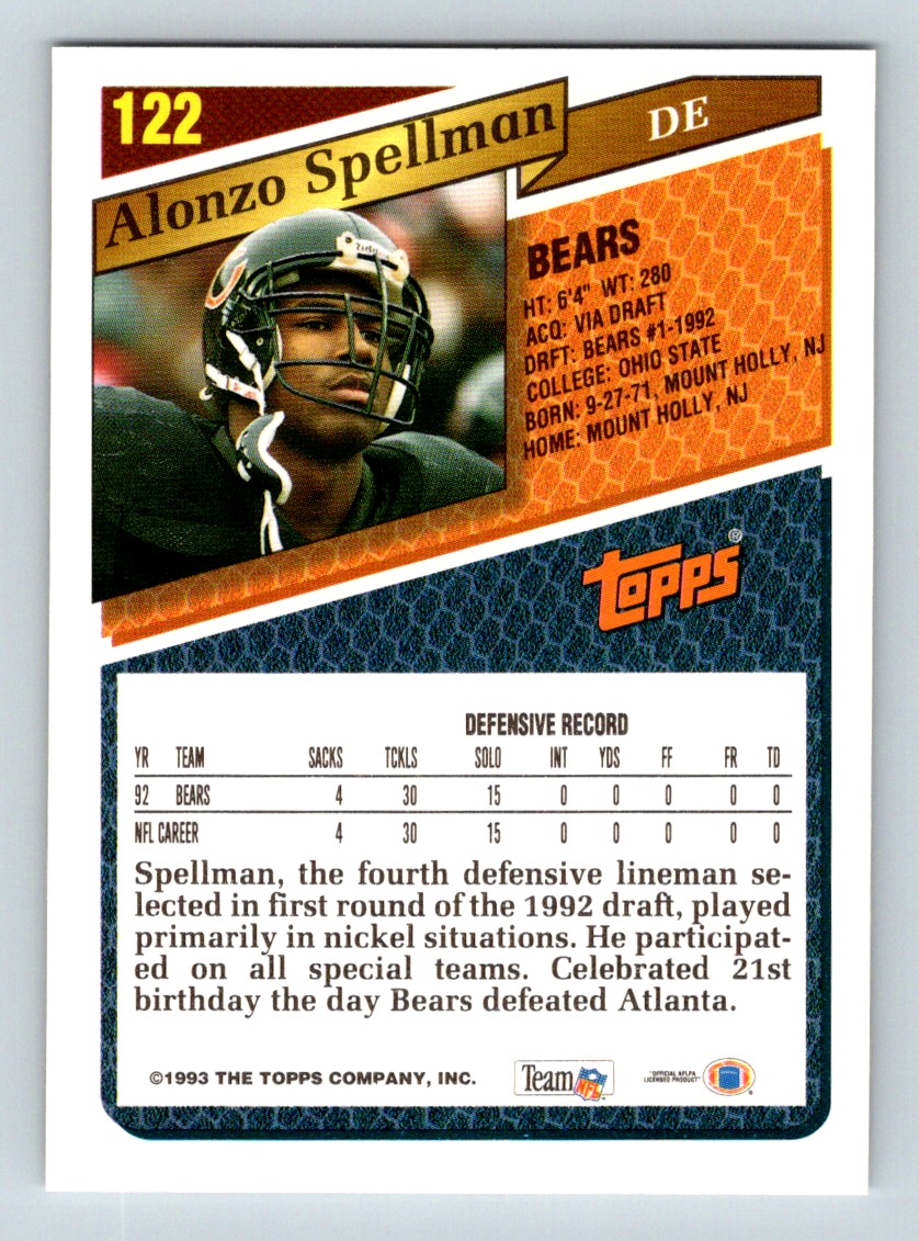 1993 Topps Alonzo Spellman #122 card back image