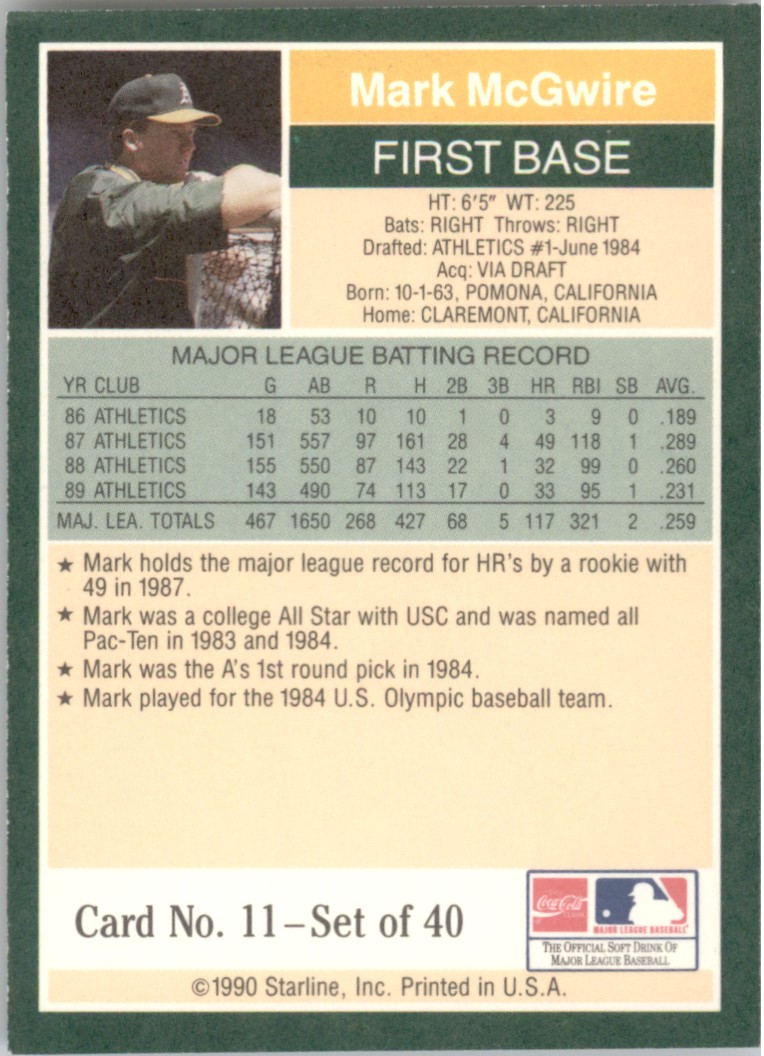 Carte De Baseball Mark McGwire #25 1990 Mother's Cookies - Scellée / Comme Neuve - OFC-2