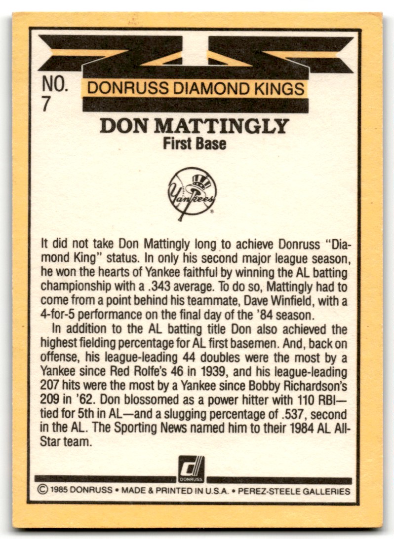 1985 Donruss Don Mattingly #7 card back image