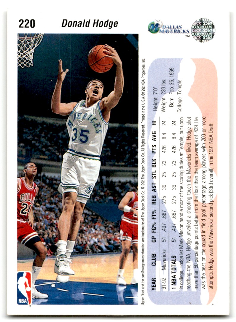 1992-93 Upper Deck Donald Hodge #220 card back image