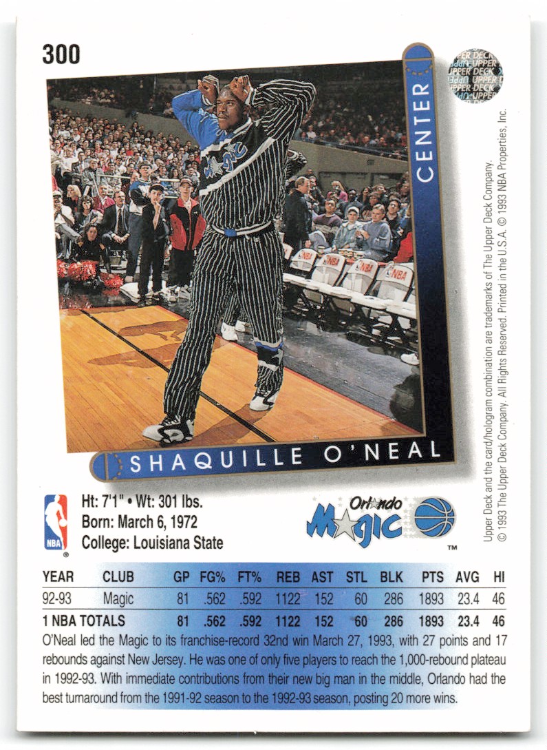 1993-94 Upper Deck Shaquille O'Neal #300 card back image