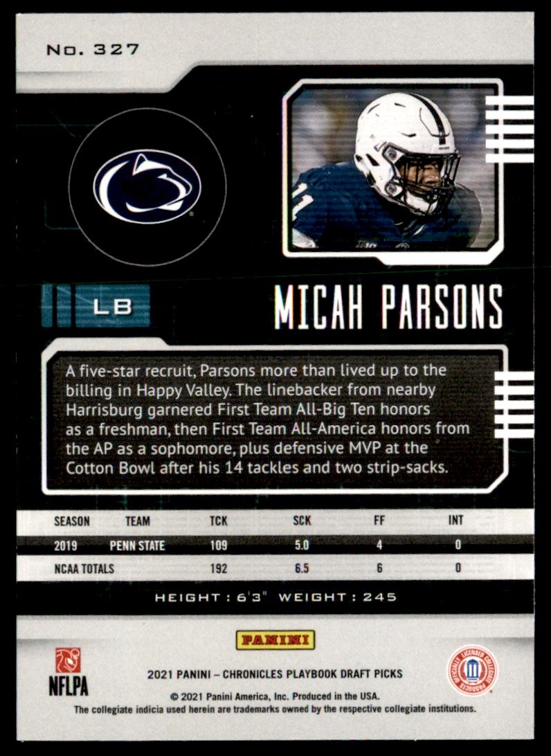 2021 Panini Chronicles Draft Picks Micah Parsons #327 card back image