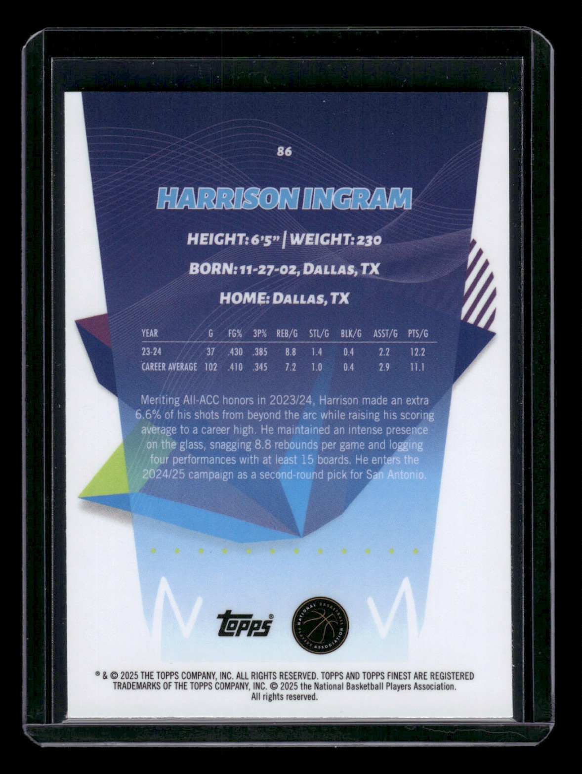 2024-25 Topps Finest HARRISON INGRAM #86 card back image