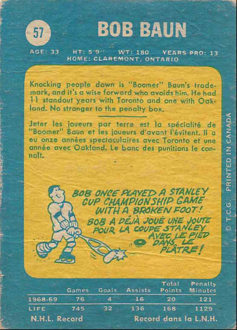 1969-70 O-Pee-Chee Bob Baun #57 card back image