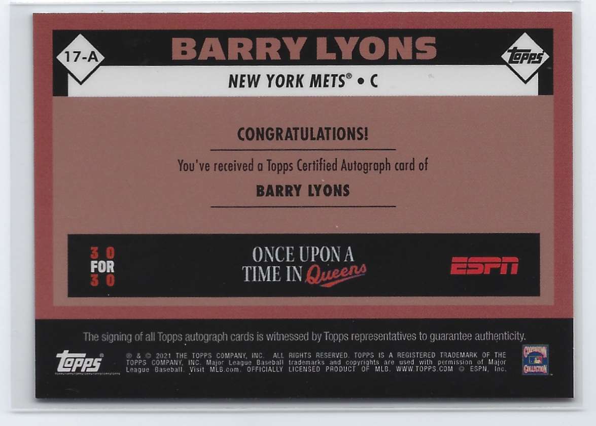 2021 Once Upon a Time In Queens Baseball Card Barry Lyons #17A card back image