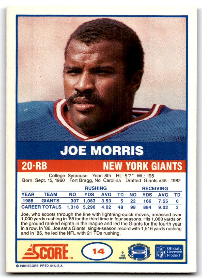 1989 SCORE JOE MORRIS NEW YORK GIANTS #14 | eBay