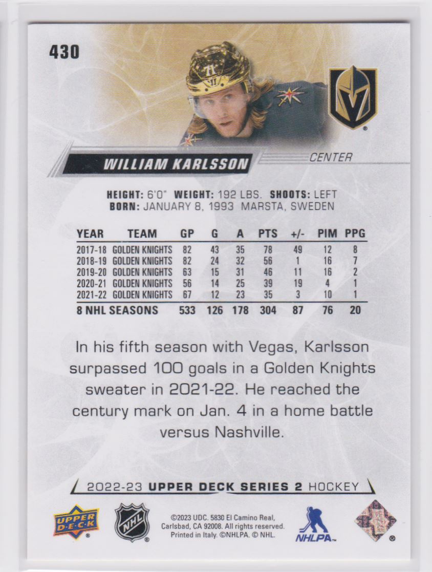 2022-23 Upper Deck William Karlsson #430 card back image