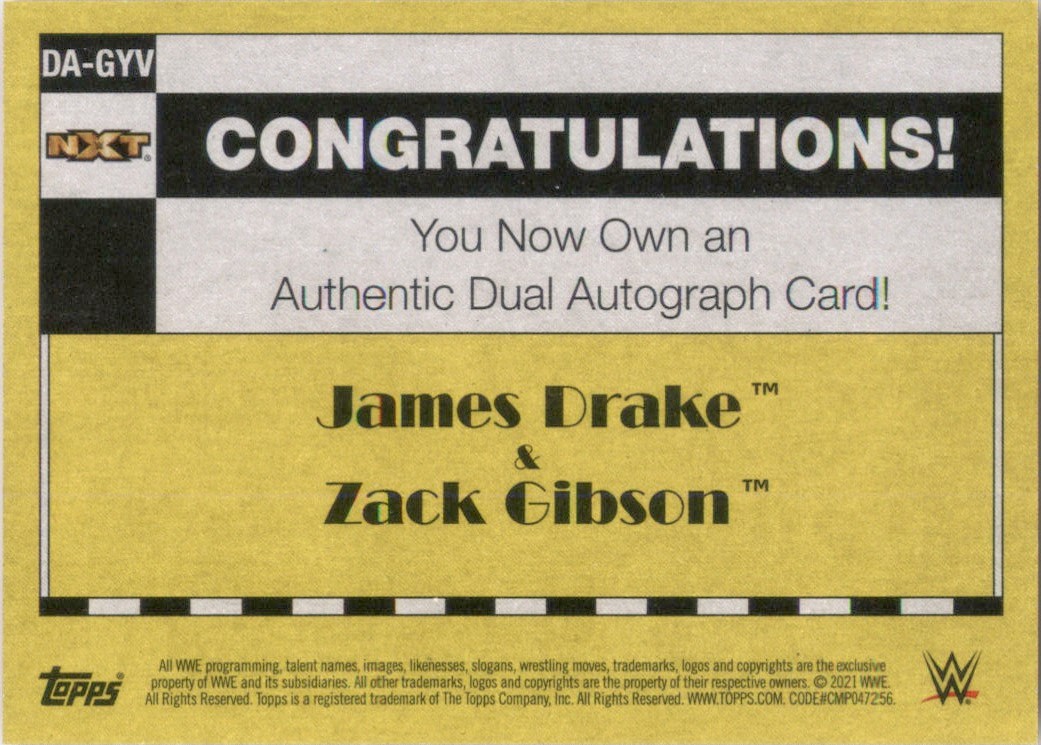 2021 Topps Heritage WWE Dual Autographs Red James Drake/Zack Gibson #AGYV card back image