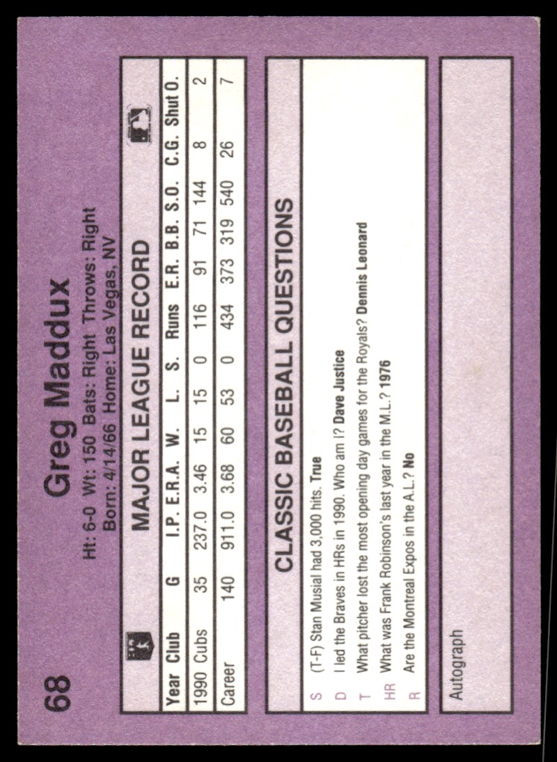 1991 Classic Game Greg Maddux Chicago Cubs #68 | eBay