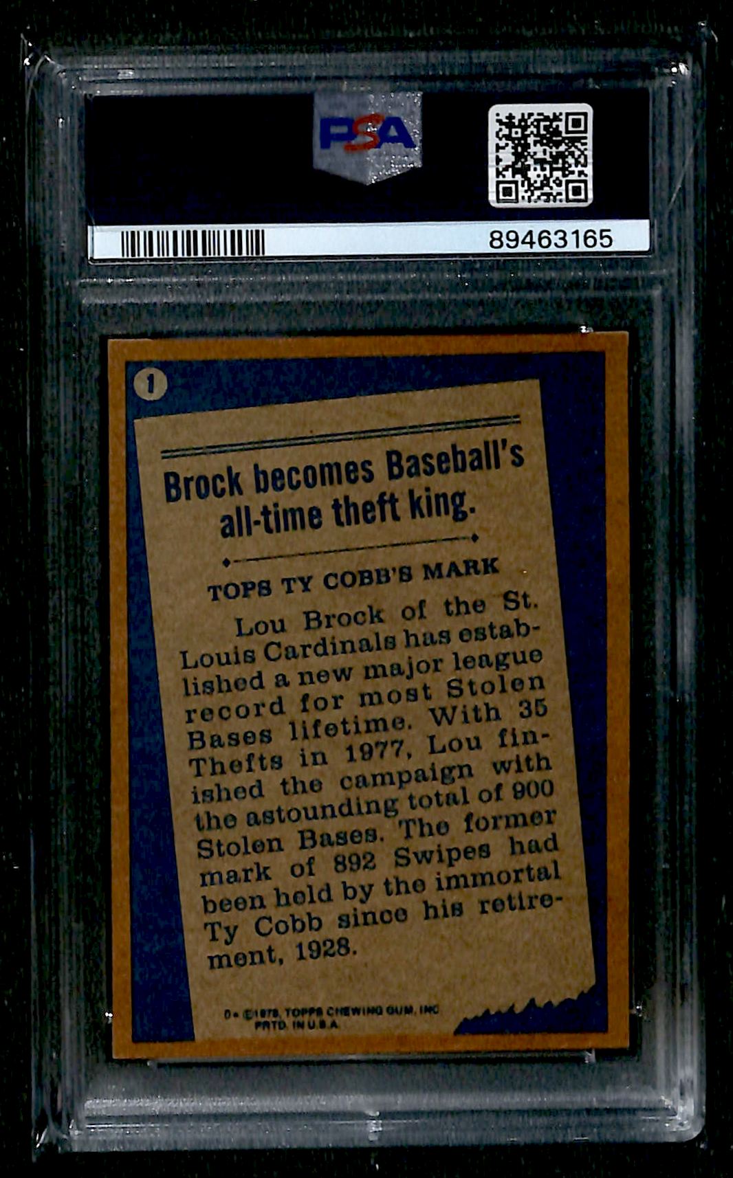 1978 Topps Lou Brock #1 card back image