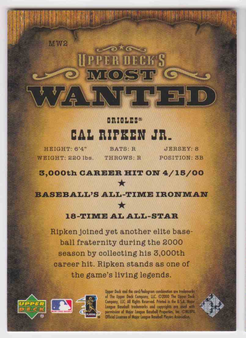 2000 UD Most Wanted Cal Ripken JR. #MW2 card back image