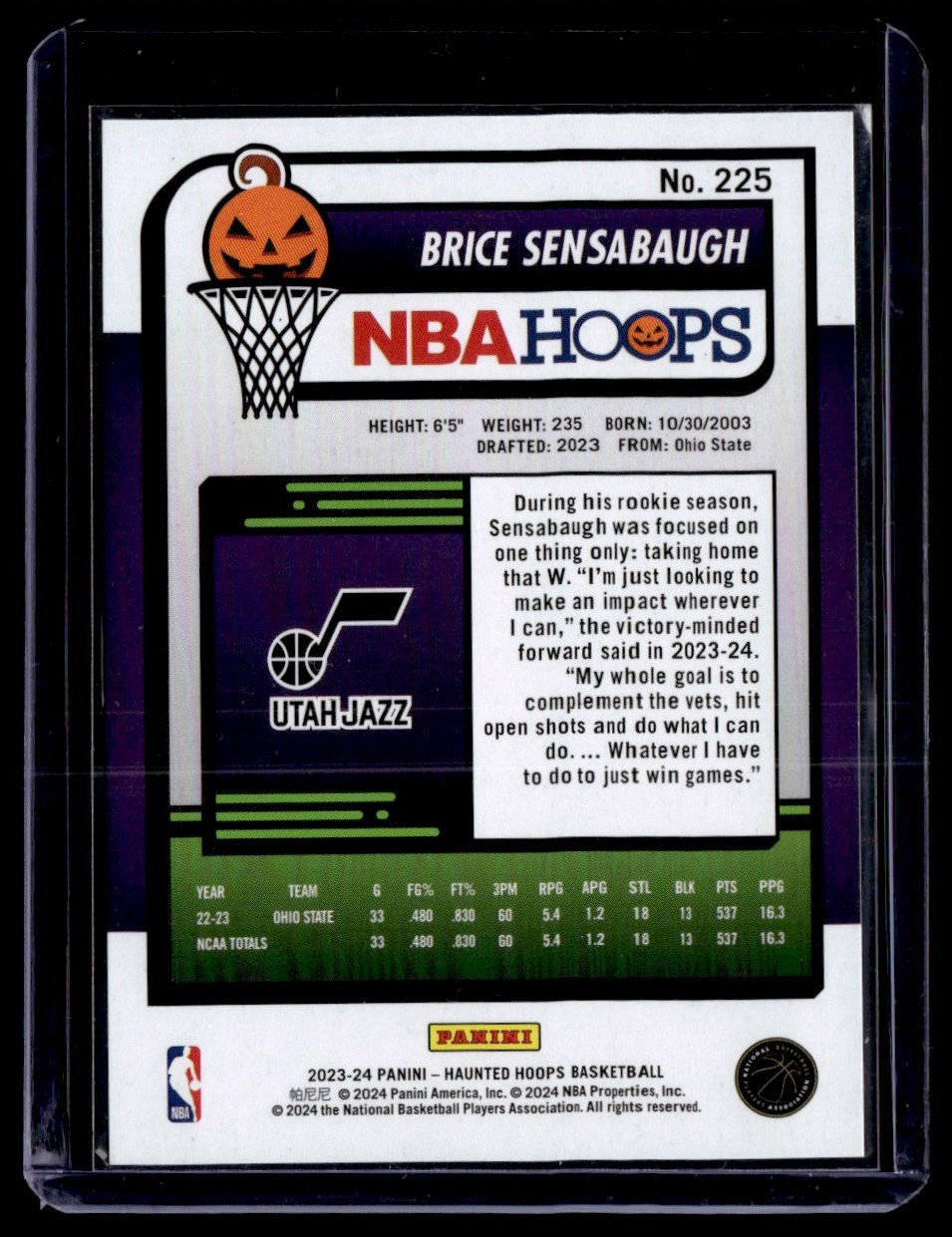 2024-25 NBA Hoops Brice Sensabaugh #225 card back image