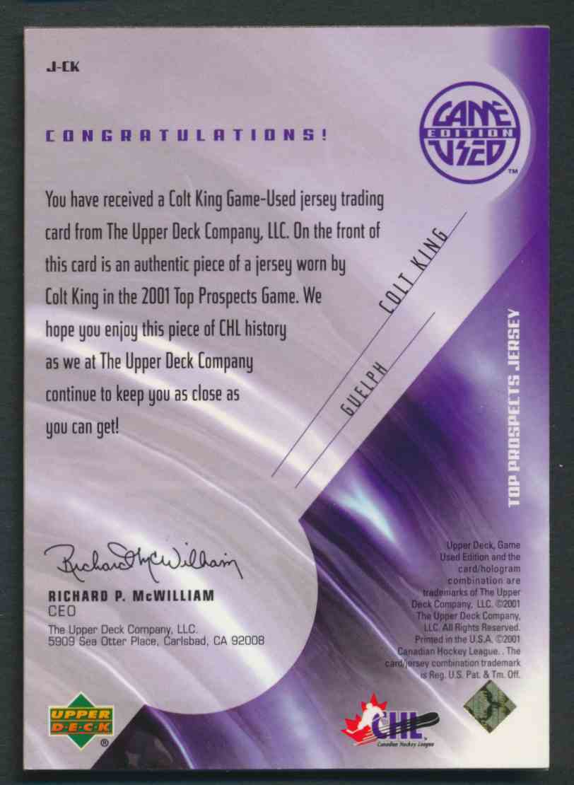 2001-02 Upper Deck CHL Prospects Colt King #J-CK card back image