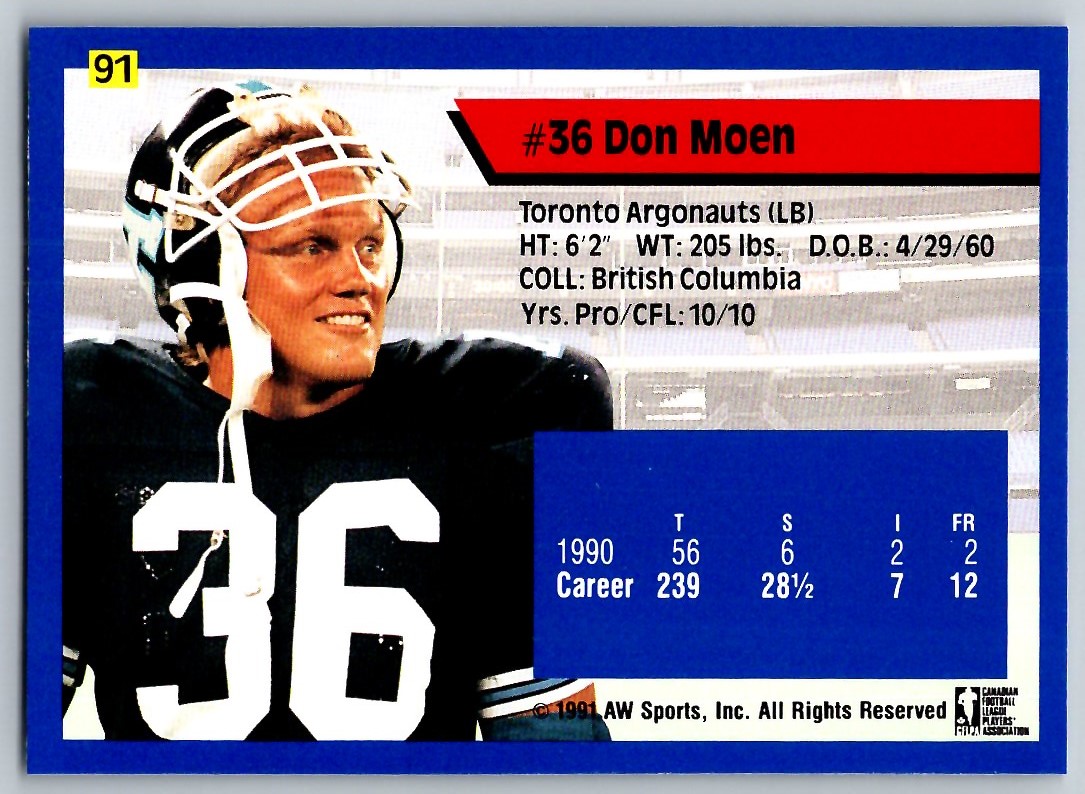 1991 ALL WORLD CFL FRENCH DON MOEN TORONTO ARGONAUTS #91 | eBay