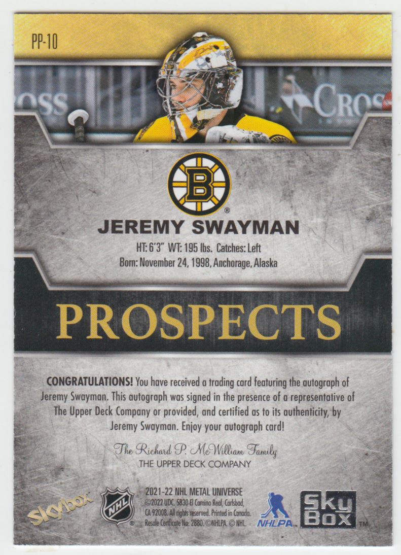 2021-22 Metal Universe Skybox Premium Prospects Star Autographs Sapphires Jeremy Swayman #PP-10 card back image