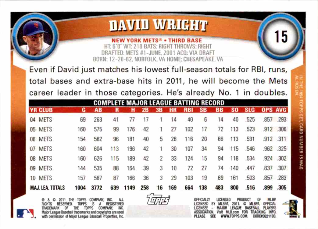 2011 Topps David Wright #15 card back image