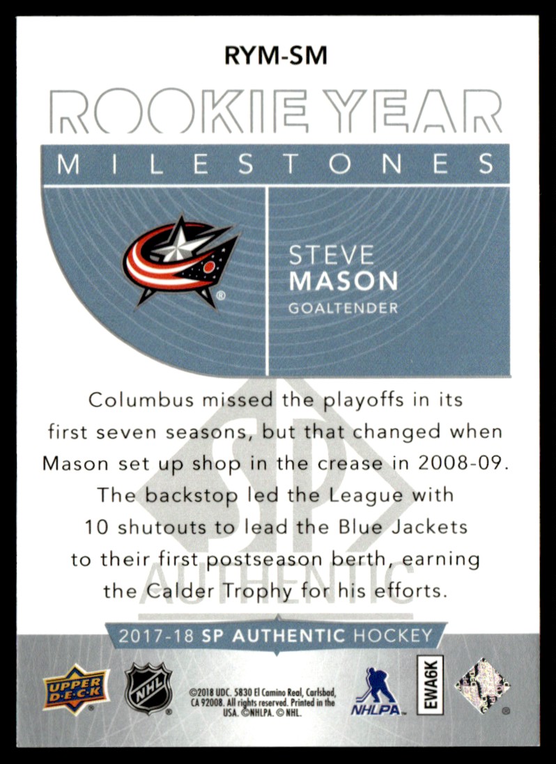 2017-18 SP Authentic Rookie Year Milestones Steve Mason #RYM-SM card back image