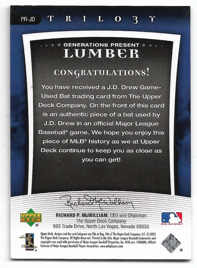 2005 Upper Deck Trilogy Generations Present Lumber Gold J.D. Drew #PR-JD card back image