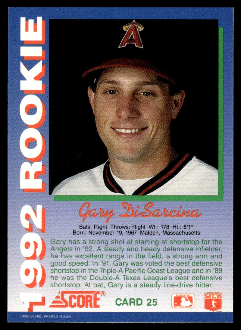1992 Score Rookies Gary DiSarcina #25 card back image