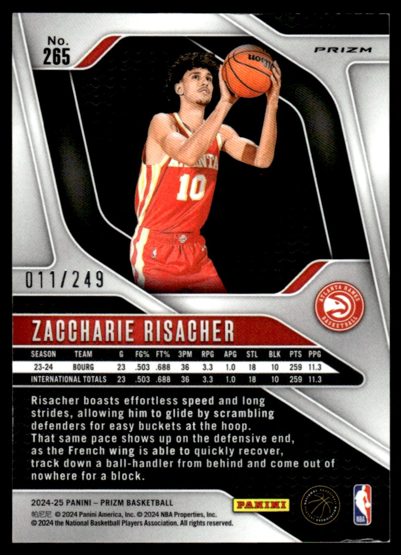 2024-25 Prizm Pink Prizms Zaccharie Risacher Rookie 011/249