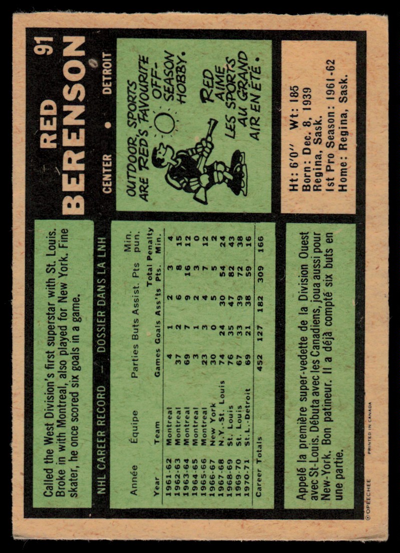 1971-72 OPC O-Pee-Chee VG Crease Red Berenson #91 card back image