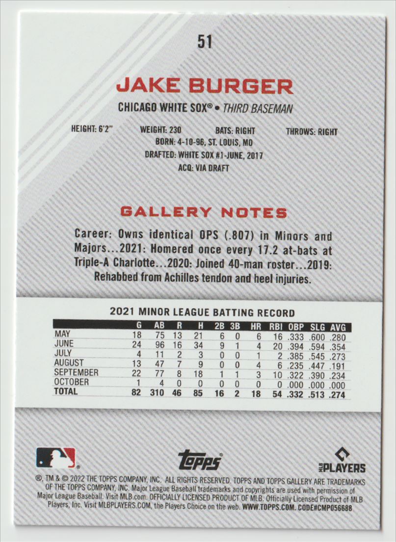 2022 Topps Gallery Jake Burger #51 card back image