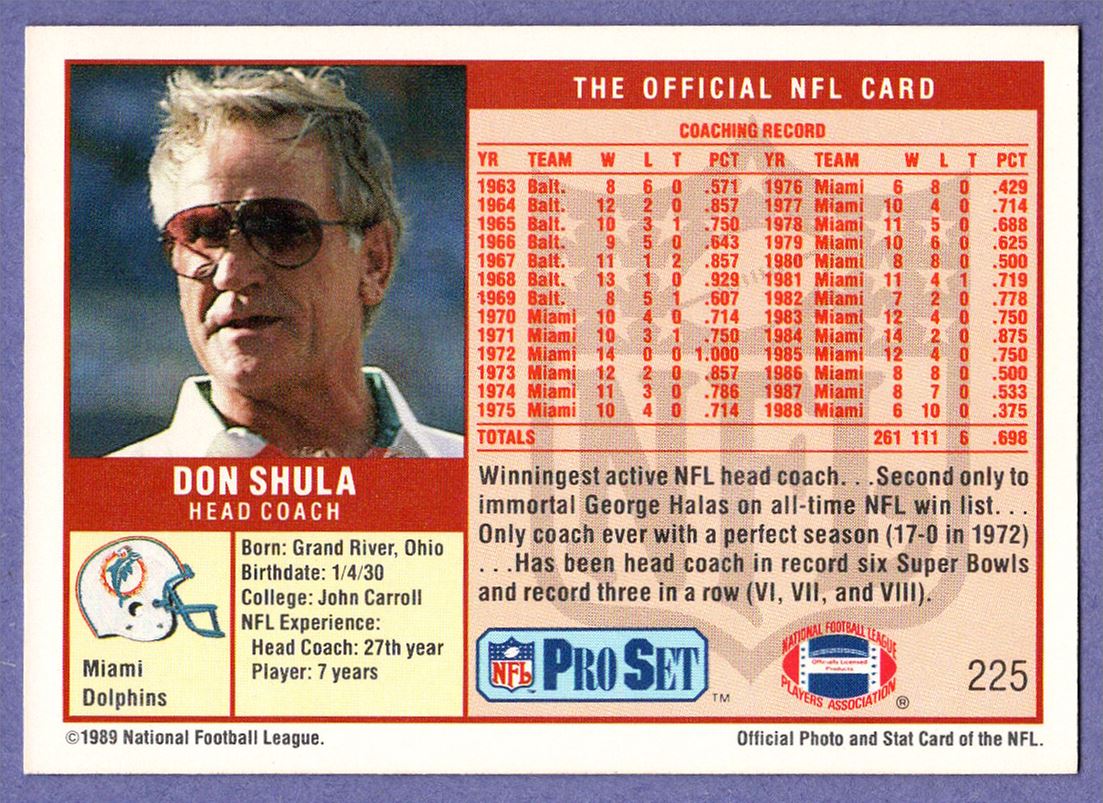 1989 Pro Set Don Shula #225 card back image